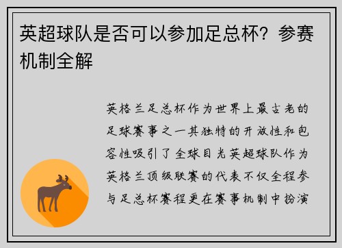 英超球队是否可以参加足总杯？参赛机制全解