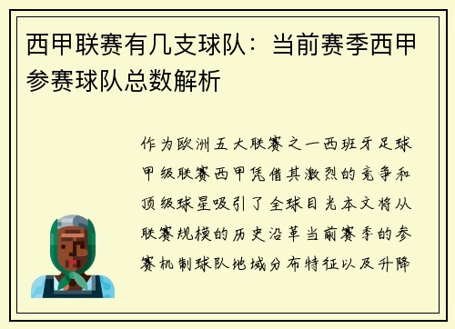 西甲联赛有几支球队：当前赛季西甲参赛球队总数解析