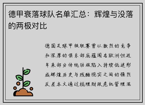 德甲衰落球队名单汇总：辉煌与没落的两极对比